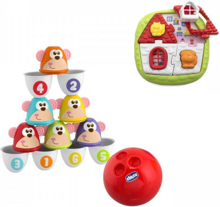 Chicco Bundel Bowling Aapjes 2 in 1 Bowlingspel En Blikgooien & Puzzel 2 in 1 Huispuzzel