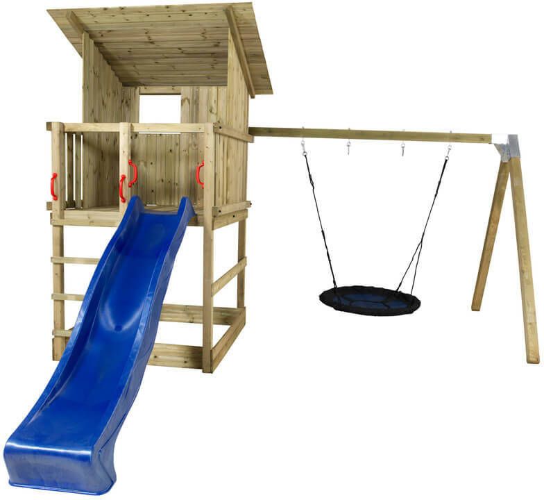 Plus Danmark Speeltoren vuren geimpregneerd | hellend dak met zandbak glijbaan en schommels blauw