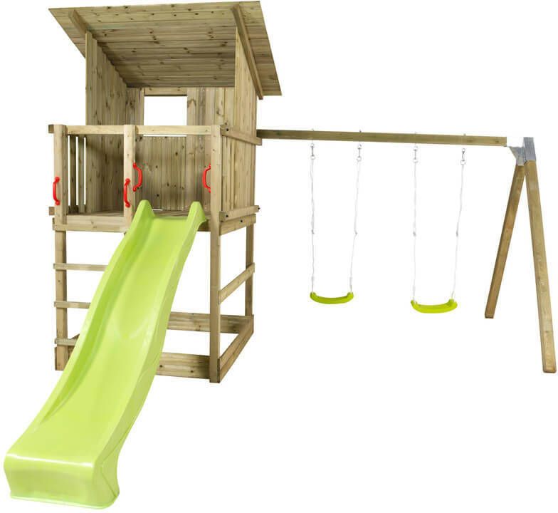 Plus Danmark Speeltoren vuren geimpregneerd | hellend dak met zandbak glijbaan en schommels lime