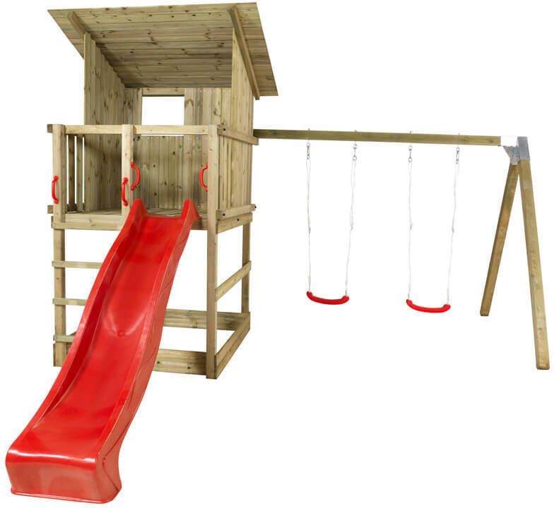 Plus Danmark Speeltoren vuren geimpregneerd | hellend dak met zandbak glijbaan en schommels rood