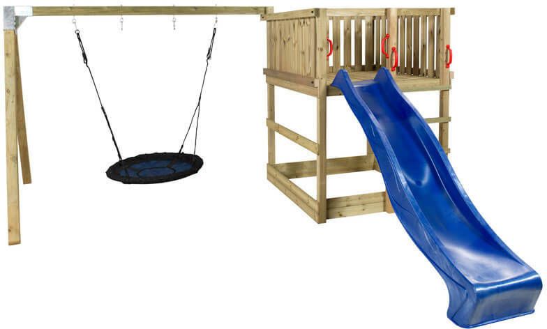 Plus Danmark Speeltoren vuren geimpregneerd | met zandbak glijbaan blauw en schommelnest