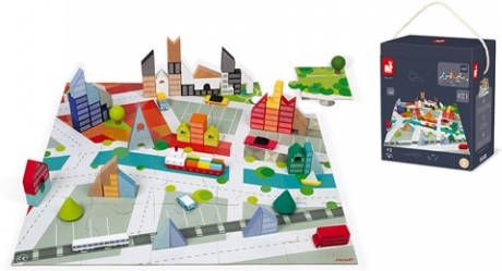 Janod Kubix 60 Block Set + City Puzzle blokpuzzel 20 stukjes