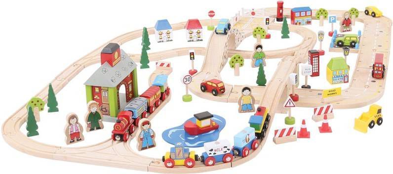 Houten Treinbaan en Autobaan Set, 110dlg Woodywoodtoys.nl